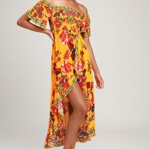 Lulus Danica Yellow Floral Print Smocked High-low Maxi Dress - Size M